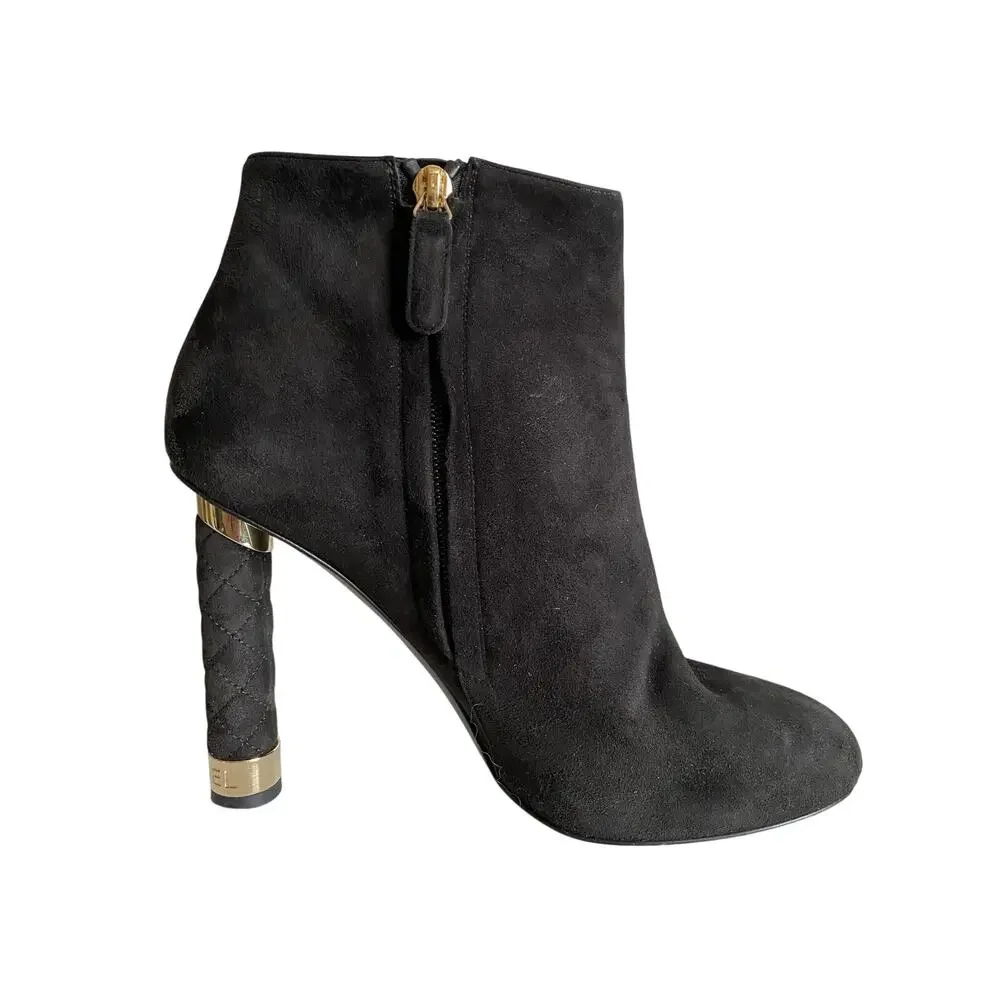 Chanel Black Suede Ankle Boots Quilted Heel CC‎ Gold Cap 39
